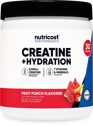 [BRSREYIOBAARAE35] Nutricost Creatine Monohydrate + Hydration Fruit Punch Flavored (30 Servings) - 7 Vitamins & Minerals, 5000mg of Creatine Per Serving