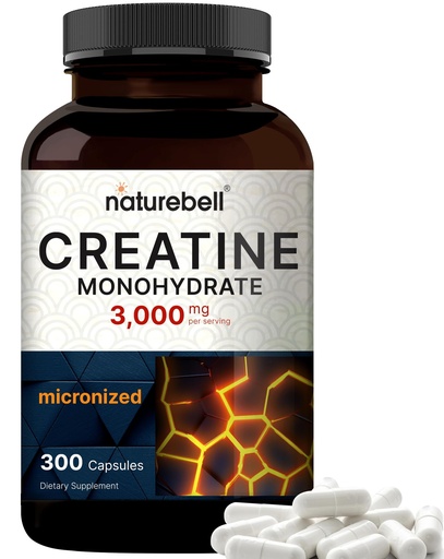 [BRSRMGIHCUDRQFYU] NatureBell Creatine Monohydrate Capsules 3,000mg Per Serving, 300 Count | Micronized, Unflavored Creatine Pills | Pre-Workout & Muscle Strength Support | Easy to Swallow, Filler-Free | 50 Servings