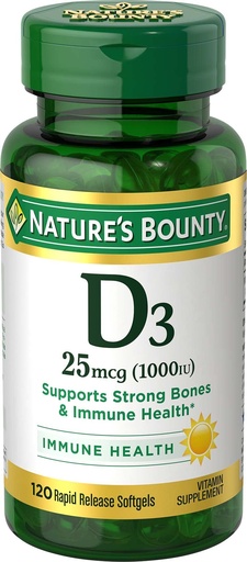 [BRSWIZDYAQABYC3G] Nature's Bounty Vitamin D3 Vitamin Supplement, Supports Immune System and Bone Health, 1000IU, 120 Softgels