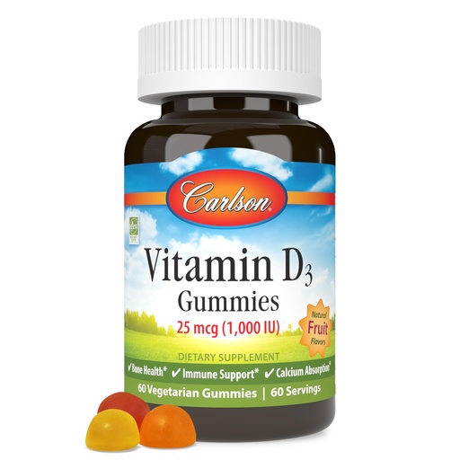 [BRSWGZLRCAMGA2DH] Carlson - Vitamin D3 Gummies, 1000 IU (25 mcg), Bone Health, Immune Support & Calcium Absorption, Natural Fruit Flavors, 60 Vegetarian Gummies
