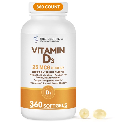 [BRSRAAYHCEBGACDJ] Inner Brightness Vitamin D3 1000 IU (25 mcg) Softgels, Bone, Immune & Digestive Health Support, Gluten Free, No Artificial Additives, 360 Count, 360 Day Supply