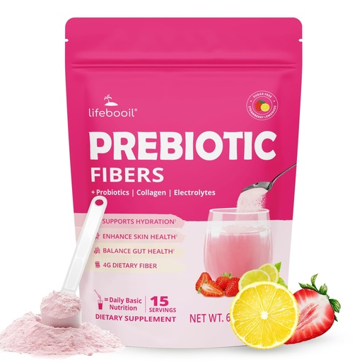 [BRSREYYQPJ7G2ADV] Daily Fiber Supplement for Women & Men, Fiber Powder with Probiotics, Collagen & Electrolytes- Supports Digestive & Gut Health, Bloating Relief | Sugar Free, Strawberry Lemon Flavor, 15 Servings