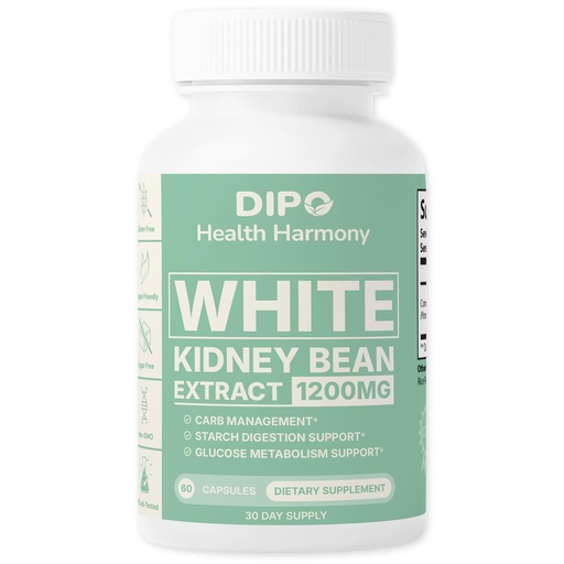 [BRSRECYDBZ5QYFD3] DIPO White Kidney Bean Extract Carb Blocker, 1200mg per Serving for Metabolism Boost & Ease Calories from Starchy Food - White Kidney Beans Supplement, Carb Control Supplements - 60 Vegan Capsules