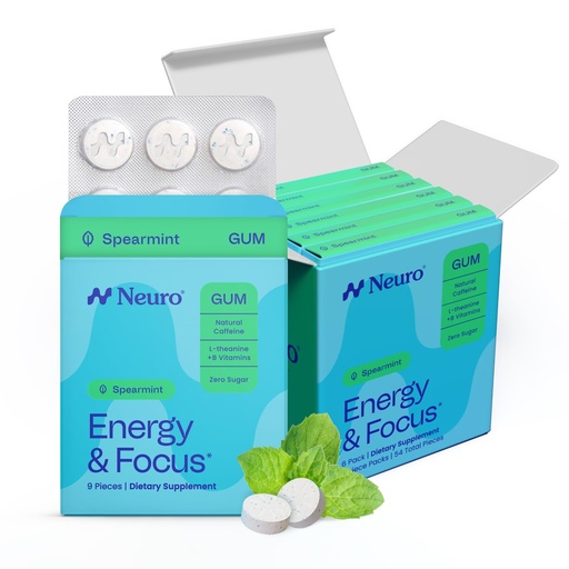 [BRSRAFABBEDW2DQY] Neuro Energy & Focus Gum - 40mg Natural Caffeine Gum & Nootropic Energy Supplement with L-Theanine & B Vitamins - Sugar Free, Vegan - Spearmint, 54ct
