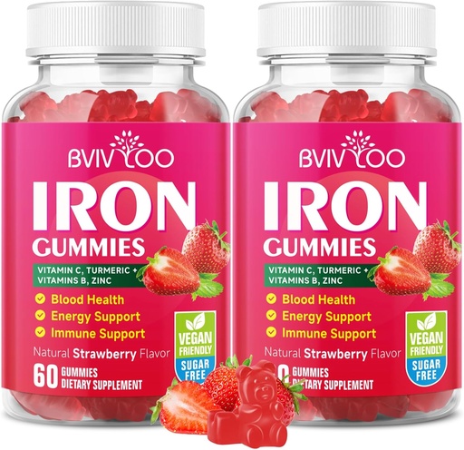 [BRSRAGL2O4NQMFLG] 2 Pack Vegan Iron Gummies for Adults & Kids - with Vitamin C, A, B-Complex, Folate, Zinc, and Biotin - for Blood Building & Energy Support, 120 Gummies