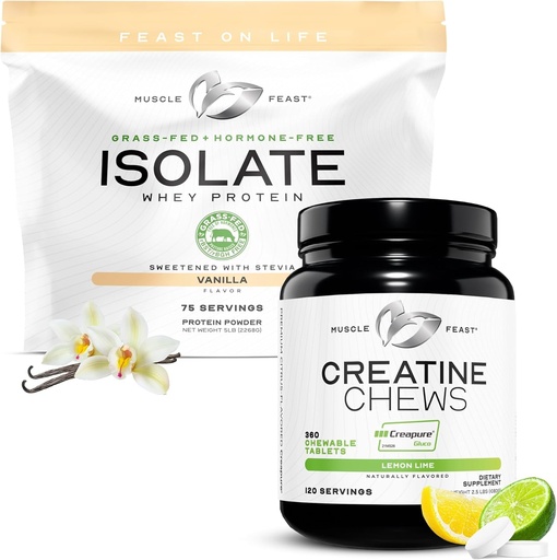 [BRSRMCQPCEMRED3U] Muscle Feast Isolate + Creatine Candy Bundle: 1 Whey Protein Isolate (Vanilla, 5lb) + 1 Creatine Candy (Lemon Lime, 360) | Premium Supplements, Vegetarian, Gluten Free