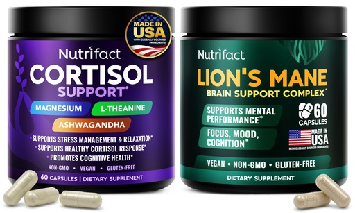 [BRSRGBIHAQGWYG3X] Cortisol Supplements & Lions Mane Supplement Capsules for Women & Men - Vegan, Non-GMO, Made in USA Complete Brain Support Complex & Cortisol Reducer - with L Theanine, Vitamin B Complex