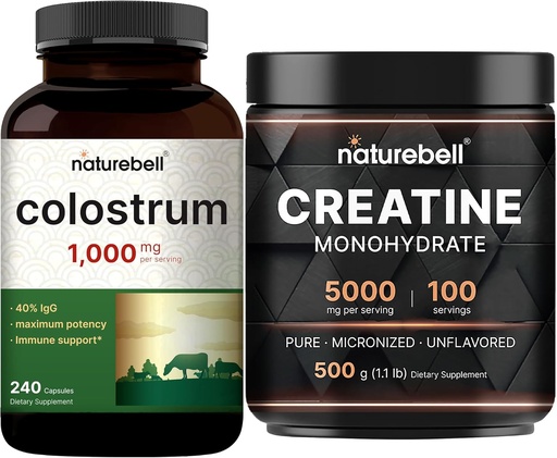 [BRSRAATYC4FWM2DZ] NatureBell Creatine Monohydrate Powder & Colostrum 240 Capsules 1,000mg Per Serving Bundle Pack | High Absorption Micronized Creatine | Mother’s First Milk from Grass Fed Bovine