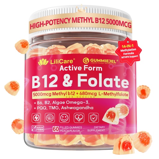 [BRSREAQKOUIAKEIV] Methyl B12 5000mcg & L-Methylfolate Gummies for Women Men - Active 5-MTHF & Methylted B-Complex Multivitamin Supplement + B6, Choline,TMG for Cellular Energy, Cognition, Methylation, MTHFR Gene, 60Cts