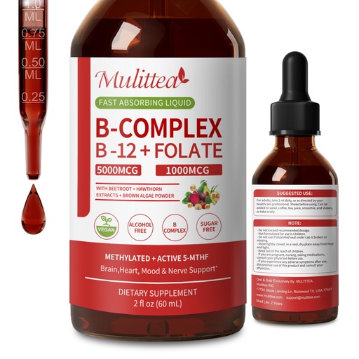 [BRSREHTYCMHR62T3] Methylated B Complex - 5000 mcg Methylcobalamin B12 & 5-MTHF Folate 1000 mcg - Vitamin B Complex Liquid Drops with B3, B6, Beetroot, Hawthorn - Energy, Focus, Heart & Brain, Sugar-Free, 2 Fl Oz