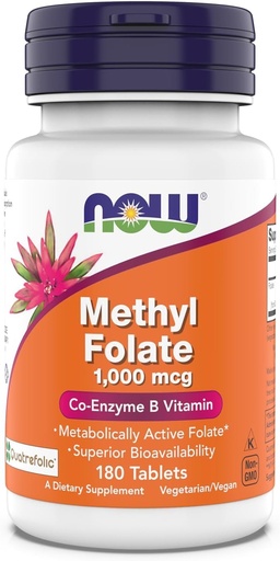 [BRSRA2QECUBQ23Y4] Now Supplements, Methyl Folate 1,000 mcg, Metabolically Active Folate*, Co-Enzyme B Vitamin, 180 Tablets