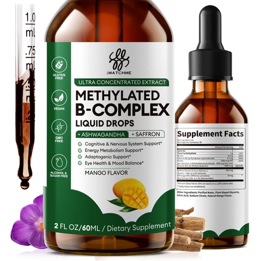 [BRSREAICAUOQ4337] iMATCHME Methylated B-Complex Liquid Drops | Active B12 (Methylcobalamin), L-5-MTHF Folate & B6 | Ashwagandha & Saffron | Energy, Focus & Brain Support | Vegan, 2 Fl Oz