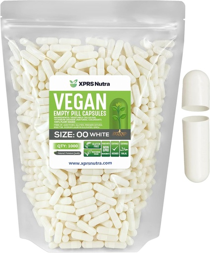[BRSWGCARB56AO3L6] XPRS Nutra Size 00 Empty Capsules - 1000 Count Empty Vegan Capsules - Vegetarian Pills - DIY Vegetable Capsule Filling- Veggie Pill Caps for Do-It-Yourself Supplements (White)