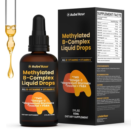[BRSREAICBYHA2CT2] Methylated B Complex Liquid Drop, Liquid B Complex Vitamins for Women, with Methyl B12, Methylfolate, B1, B3, B5, B6, B7, C, Omega-3, Inositol, Magnesium, TMG Supplement for Energy Support, 2 FL OZ