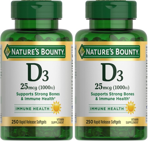 [BRSRGEARBMPB6CTZ] Nature's Bounty Vitamin D3 1000 IU, Immune Support, Helps Maintain Healthy Bones, 250 Rapid Release Softgels (Pack of 2)