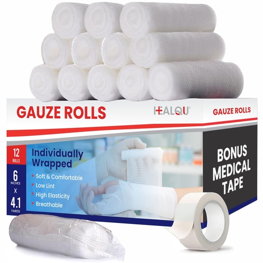 [BRSRMEAYO5YWY3L7] HEALQU Premium Gauze Rolls - 6' x 4.1 Yards - 12 Rolls, Individually Wrapped Conforming Stretch Gauze Bandage - Super Soft Woven Stretch Bandages for Primary Wound Dressing Support