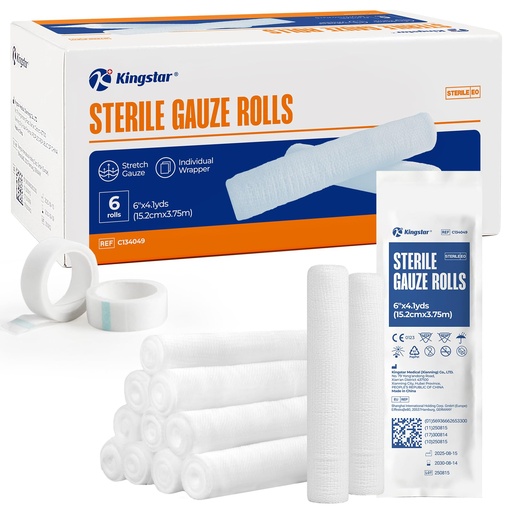 [BRSREGA3CIJQGADX] Sterile Gauze Rolls, 6" x 4.1 Yards, Conforming Stretch Gauze Bandage, Pack of 6, Firm Support for Dressings and Splints, Latex-Free First Aid Supplies Individually Wrapped with Bonus Tape