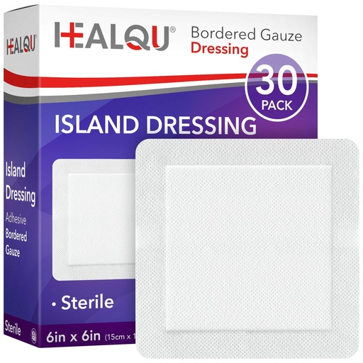 [BRSWYYYNAF4AAYDV] HEALQU Island Dressing - 6"x6", 30 Count - Bordered Gauze Sterile Individually Wrapped Gauze Pads, Water-Resistant, Non-Woven Backing - Soft and Breathable Wound Dressing for First Aid and Medical
