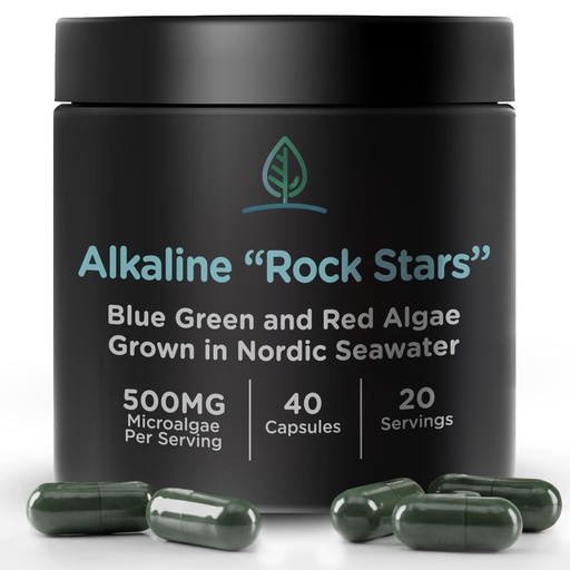 [BRSW2CAYO4PAKE3K] Alkaline Rock Stars Blue Green & Red Algae Supplement - 500mg | Pure Marine Phytoplankton Plus Astaxanthin | Rich in Antioxidants, Chlorophyll, & Vegan Omega 3's | 30 Day Supply (40 Capsules)
