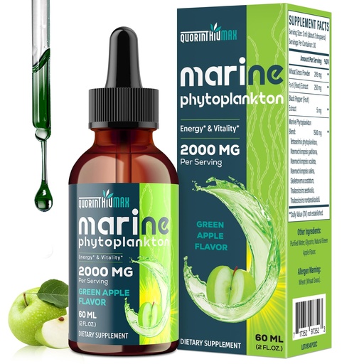 [BRSREGQBCIAQYEYV] Marine Phytoplankton Drops 2000mg - High Absorption Phytoplankton Supplement with Wheatgrass & Fo-ti for Cellular Wellness, Hair Growth, Energy & Immunity - Green Apple Flavor, 2 fl oz (Pack of 1)