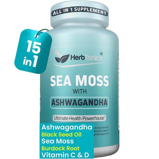 [BRSRAFAEAUNAIYLA] Herbtonics Sea Moss, Black Cumin Seed, Ashwagandha, Burdock Root & ACV Complex | Manage Immunity, Stress & Digestion Support | 60 Capsules (2 Capsules Per Serving)
