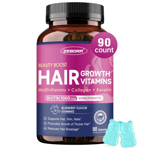 [BRSRAHD4DECRYG36] ZEBORA Hair Growth Vitamins with Biotin, Keratin & Collagen - Biotin Gummies with Beauty Support Blend for Hair, Skin & Nails - Vegan Hair Vitamins for Women & Men - 90 Blueberry Gummies, Non-GMO