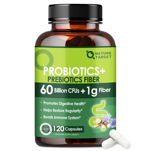 [BRSREYL6CQHGKHTV] NATURE TARGET Prebiotic Fiber Supplement with 60 Billion Probiotics for Digestive Health - Prebiotics and Probiotics for Women & Men Regularity, Supports Occasional Constipation - 120 Veggie Capsules
