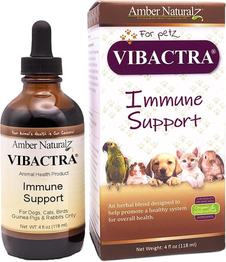 [BRSWIEAQBN4GMYA3] Amber NaturalZ Vibactra Immune Support Herbal Supplement for Dogs, Cats, Birds, Guinea Pigs, and Rabbits | Pet Herbal Blend for Overall Health | 4 Fluid Ounce Glass Bottle | Manufactured in The USA