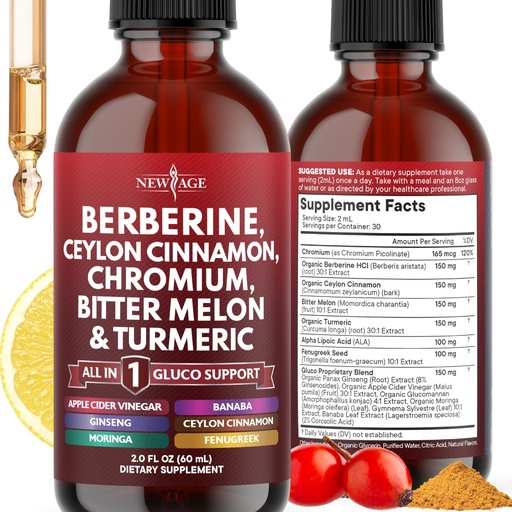 [BRSREYACBMCGK3TV] Berberine with Ceylon Cinnamon Supplement Liquid Drops + Bitter Melon Extract, Glucomannan, Gymnema, Chromium, Turmeric, Panax Ginseng, Moringa - 2 OZ