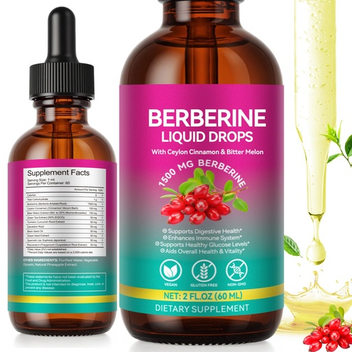 [BRSREEL7AUIBOGY4] Berberine Supplement Liquid 60ml, Berberine with Ceylon Cinnamon, Berberine Drops with Turmeric Curcumin, Bitter Melon, Immune Support, Digestive Health Support