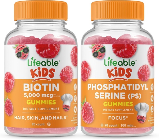 [BRSRMYIYPMFQA335] Niños de Biotina Lifeable + Phosphatidylserine (PS) Niños, Gummies Bundle - Gran Tasting, Suplemento de vitamina, Gluten Gratis, GMO Gratis, Chewable Gummy
