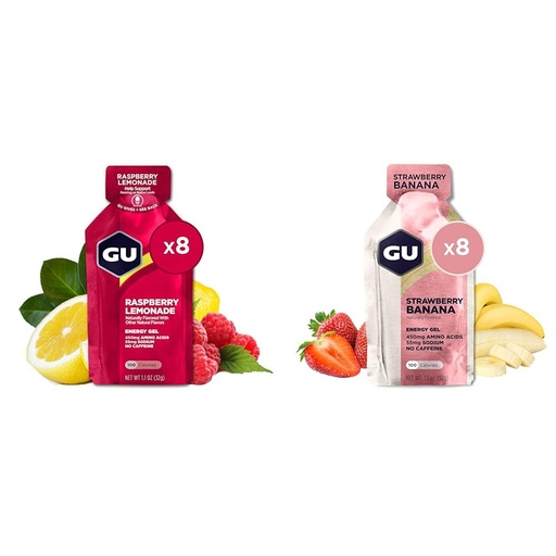[BRSRAY33AEPGEGQ7] GU Energy Original Sports Nutrition Energy Gel, 8-Count, Raspberry Lemonade and Strawberry Banana Flavors, Vegan, Gluten-Free