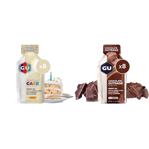 [BRSRAY33CF4BAD3F] GU Energy Original Sports Nutrition Energy Gel, Vegan, Gluten-Free, 8-Count Birthday Cake and Chocolate Outrage Flavors