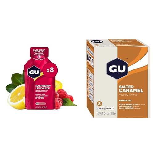 [BRSRAYYYBV5RMFY4] GU Energy Original Sports Nutrition Energy Gel, Raspberry Lemonade and Salted Caramel Flavors, Vegan, 8-Count