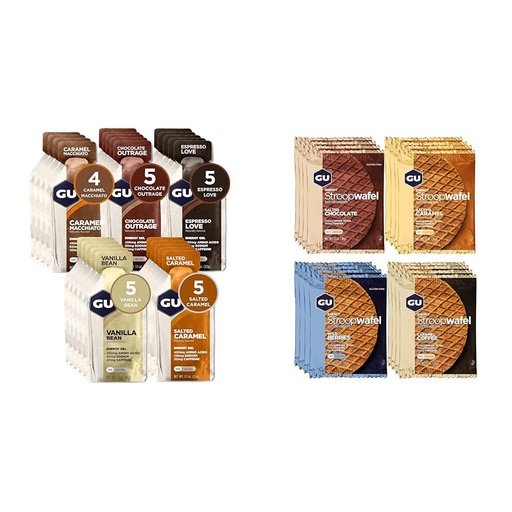 [BRSROAIQAEMBQCI4] GU Energy Original Sports Nutrition Energy Gel, 24-Count, Assorted Indulgent Flavors & Stroopwafel Sports Nutrition Waffle, Assorted Flavors