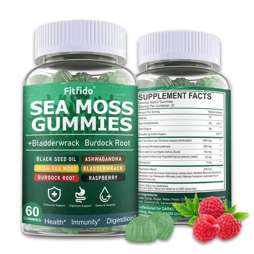 [BRSREZQHOJ7RUHYZ] Irish Sea Moss Gummies 3000mg with Bladderwrack, Burdock Root & Manuka Honey - Supports Overall Wellness - Sugar Free, Vegan - Seamoss Supplement with 105+ Trace Minerals (Raspberry, 60 Count)