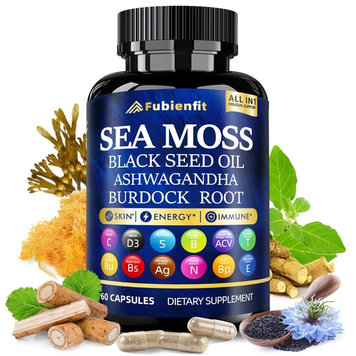 [BRSRE2YCBUJQKADV] Organic Sea Moss Capsules - Contain seamoss Black Seed Oil ashwagandha Burdock Root Ginger & Essential Vitamins - Superfood for Immune Boost, Digestive Health, Overall Wellness, 60 Capsules