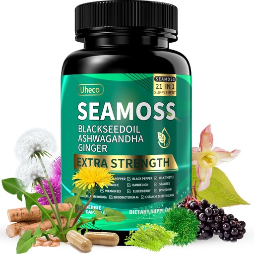 [BRSRAGL4B4PR6D34] Superfood Advanced Irish Sea Moss Capsules - Sea Moss 21 in 1 Supplement Whit Black Seed, Ashwagandha, Turmeric, Bladderwrack, Burdock - 90 Count