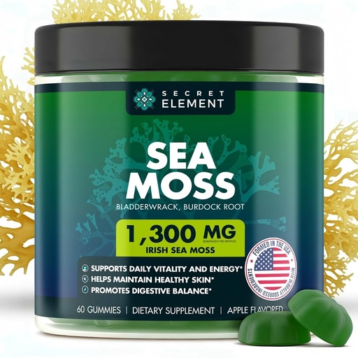 [BRSRGHQDPN6BS23H] Secret Element Sea Moss Gummies with Bladderwrack & Burdock Root – 65 mg Sea Moss per Serving for Women and Men, Vegan, Sugar Free, Non-GMO, Apple Flavor, 60 Gummies (30 Servings)