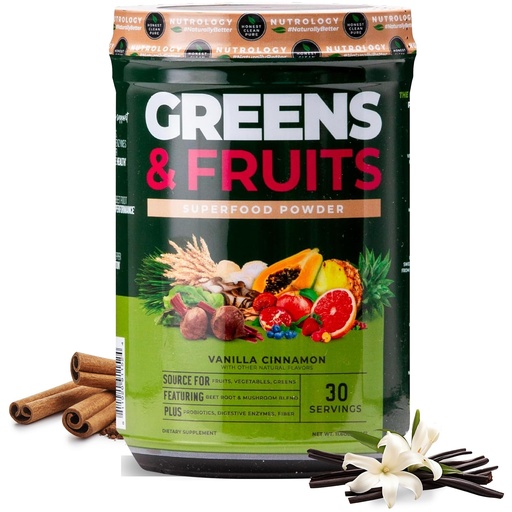 [BRSW2GALOAGQA23Z] Nutrology Greens & Fruits Powder-Naturally Sourced Superfood, Beet Powder, Mushroom Blend, Probiotics, Digestive Enzymes, Fiber, Antioxidants, Immune Support, Gluten Free - Vanilla Cinnamon