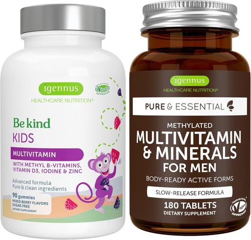 [BRSRAAL7AUIAE2TG] Methylated Kids Multivitamin Gummy + Methylated Men's Multivitamin Bundle, MTHFR Supplements with Active B-Vitamins, Clean Label, by Igennus