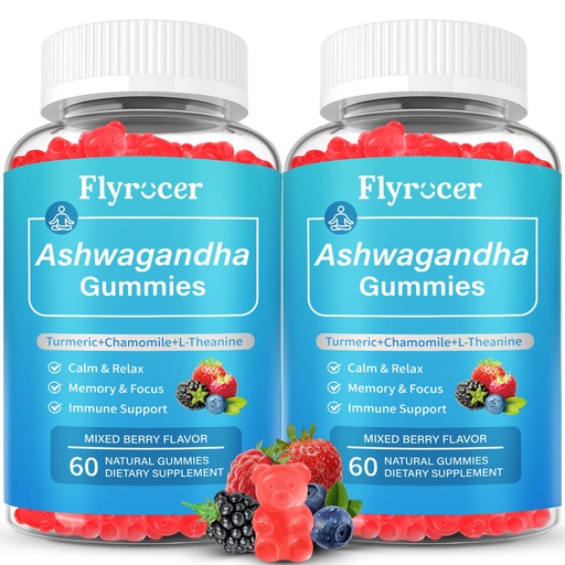 [BRSRAAIZCMFWOFLD] 2 Pack Ashwagandha Gummies, Organic Ashwa Root Extract Supplement for Women & Men, Vegan, Gluten-Free, Mixed Berry Flavor, 120 Count