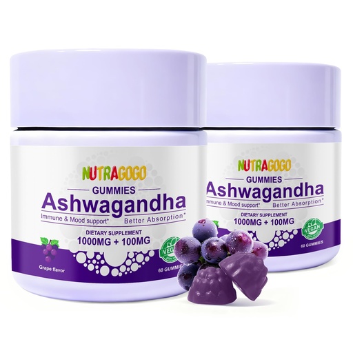 [BRSRECY3OYOQM33B] Ashwagandha Gummies & Vitamin D3 Gummies Organic Aswangdha Supplement for Improve Sleep, Stress Relief & Mood Calm (Grape Berry,Non-GMO, Gluten-Free & Sugar Free)-2 Pack