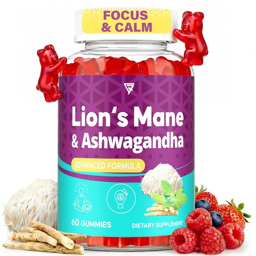 [BRSRGAYNPIOR43TP] Organic Ashwagandha Gummies & Lions Mane Gummies with 4 Adaptogens| Brain Supplements for Memory and Focus, Stress, Energy, Immune, Sleep| Cortisol Supplements for Women & Men| Berry Flavor, 60 Counts