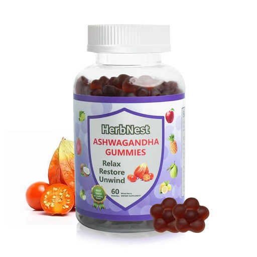 [BRSREZIYDMOWGG3A] Organic Ashwagandha Gummies with Vitamin D3 - Stress Relief & Immune Support, Vegan Non-GMO, Gluten Free, Mixed Berry Flavor (60 Count)