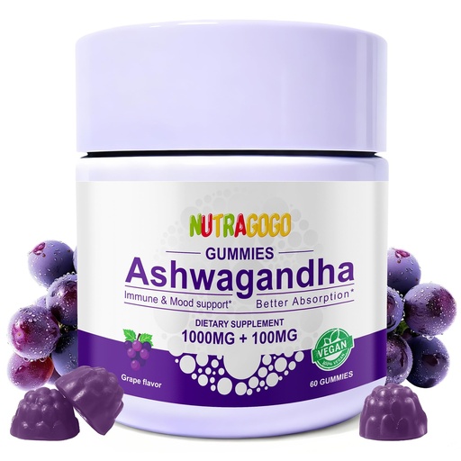 [BRSREC34CUNBUA3B] Ashwagandha Gummies & Vitamin D3 Gummies Organic Aswangdha Supplement for Improve Sleep, Stress Relief & Mood Calm (Grape Berry,Non-GMO, Gluten-Free & Sugar Free)-1 Pack