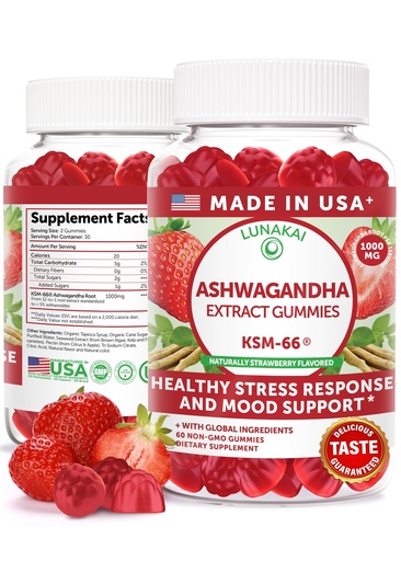 [BRSRACQRPMDRUYLZ] Lunakai USA Made KSM-66 Ashwagandha Gummies for Women & Men – Daily Vegan Supplement for Stress, Mood & Sleep Support, 60ct