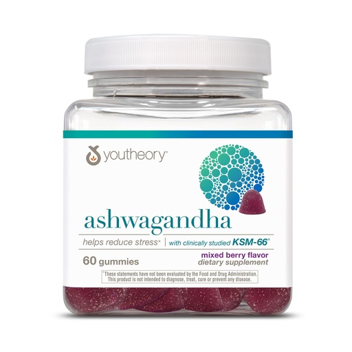[BRSRECY3BV4B6CQU] Youtheory Ashwagandha - Vegetarian Energy & Stress Support Supplement with Organic KSM-66 & Ginger Extract - Cane Sugar-Mixed Berry, 60 Gummies (20 Day Supply)