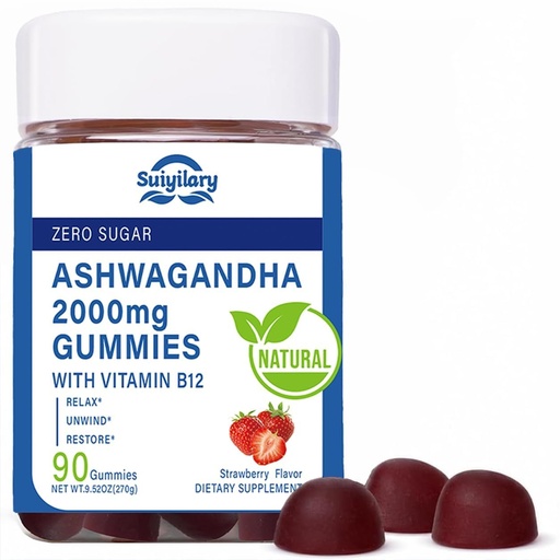 [BRSREYYCC4NBMCD5] Suiyilary Ashwagandha Gummies 2000mg, Ashwagandha High Strength Root Extract Supplement with Vitamin B12 for Men Women, Strawberry Flavour 45 Days Supply 90 Gummies
