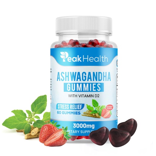 [BRSREZY6CR7AK3Y2] Ashwagandha Gummies with Vitamin D2 - Vegan Stress Relief & Relaxation Support, Mixed Berry Flavor, Plant Based Adaptogen Supplement for Calm & Balance, 300mg Ashwagandha Root, 60 Gelatin Free Gummies